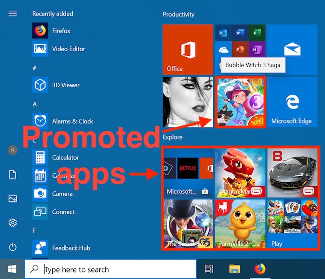 Aplikacje promowane w menu Start systemu Windows 10