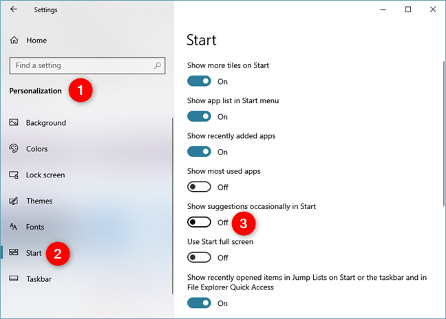 Od czasu do czasu pokazuj sugestie na Start