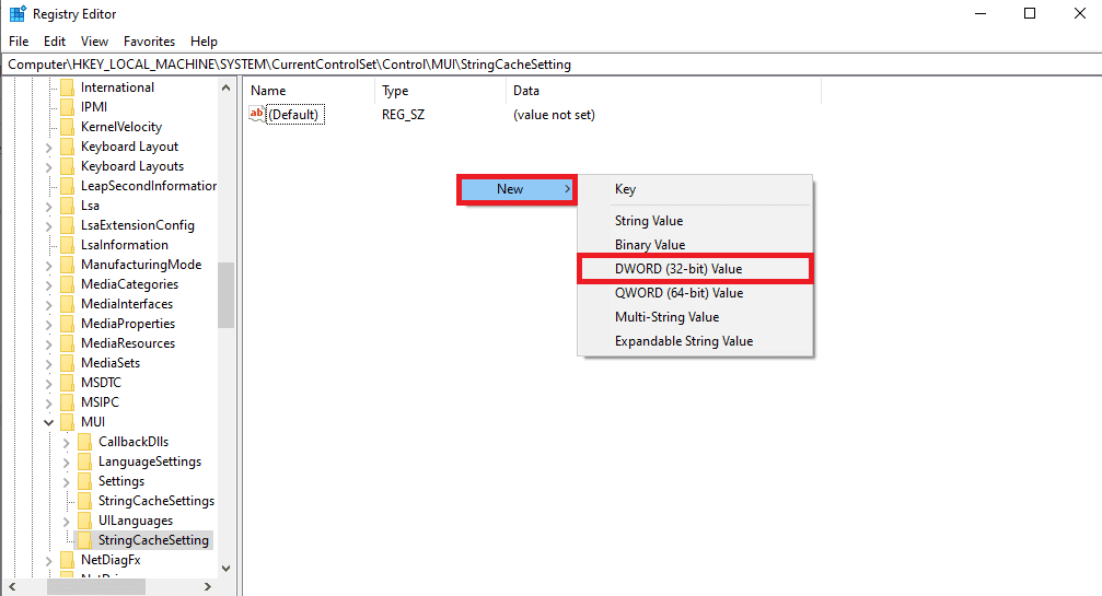 haga clic derecho en el panel y haga clic en el nuevo valor DWORD de 32 bits
