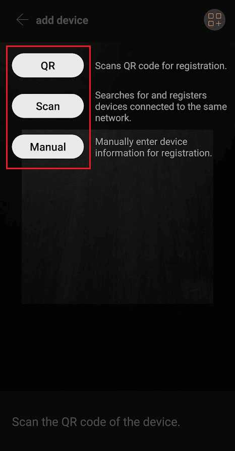 agregue un dispositivo Wisenet y conéctelo a su teléfono.  QR, escanear o manual