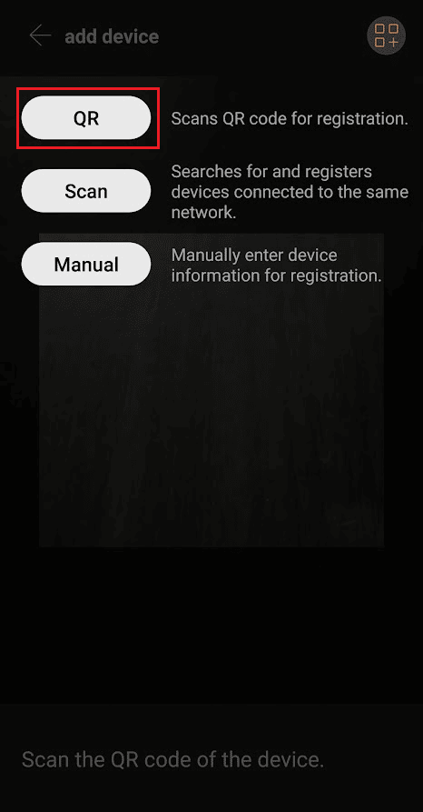 toque el ícono + - opción QR |  restablecer su Wisenet DVR a la configuración de fábrica