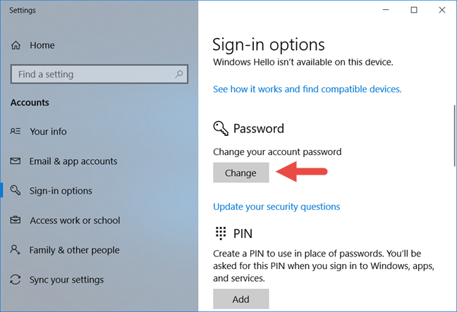 Windows 10, contraseña de usuario