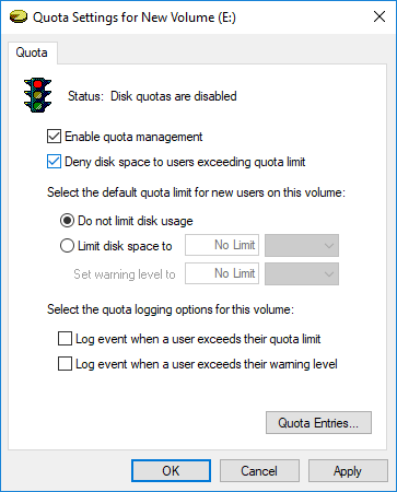 Habilitar o deshabilitar Aplicar límites de cuota de disco en Windows 10