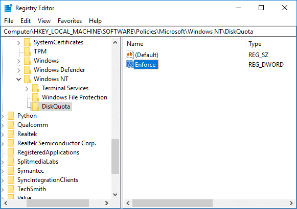 Habilitar o deshabilitar la aplicación de límites de cuota de disco en el Editor del Registro