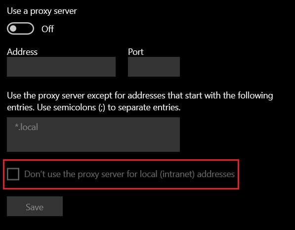 Asegúrese de que no use proxy para lan está deshabilitado