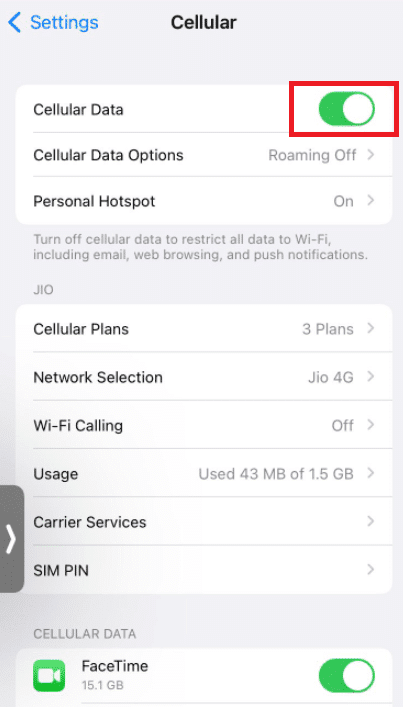 Vuelva a habilitar los datos móviles.