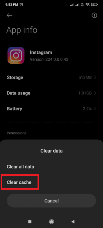 Toque Borrar datos y luego haga clic en Borrar caché.  Cómo arreglar la publicación de Instagram atascada al enviar