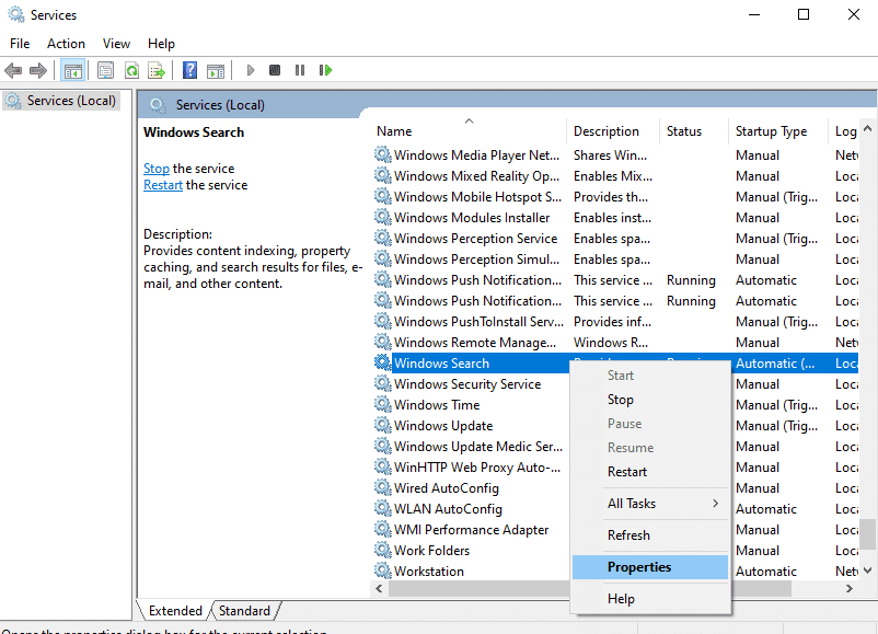 Ahora, desplácese hacia abajo en la pantalla y haga clic con el botón derecho en Servicio de búsqueda de Windows y seleccione Propiedades