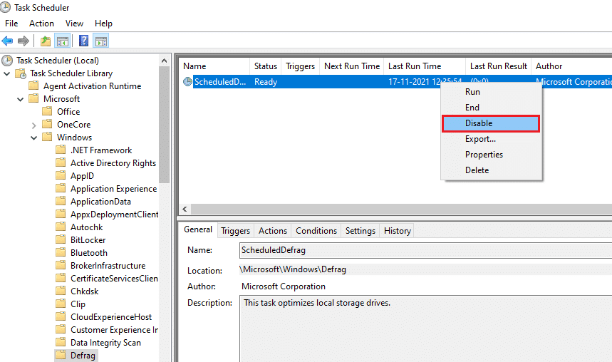 Ahora, en el panel central, haga clic derecho en ScheduledDefrag y seleccione la opción Deshabilitar