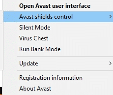 Ahora, seleccione la opción de control de escudos de Avast y podrá desactivar Avast temporalmente.  Arreglar el alto uso de disco de Ntoskrnl.exe