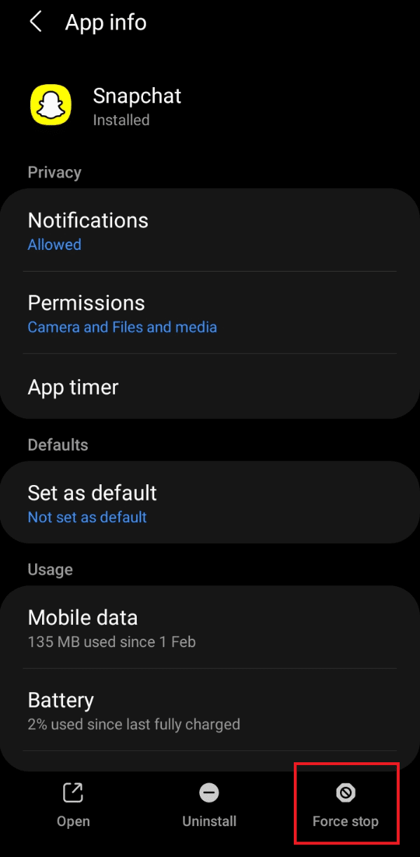 En la página de información de la aplicación Snapchat, toque el ícono Forzar detención |  arreglar Snapchat no cargará historias