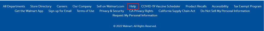 Desplácese hasta la parte inferior del sitio web y haga clic en Ayuda | ¿Puedes cancelar un pedido de recogida de Walmart?