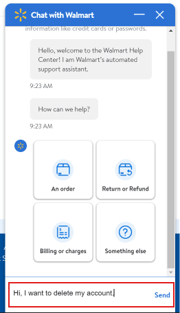 En el chat escribe Hola, quiero eliminar mi cuenta y haz clic en Enviar.