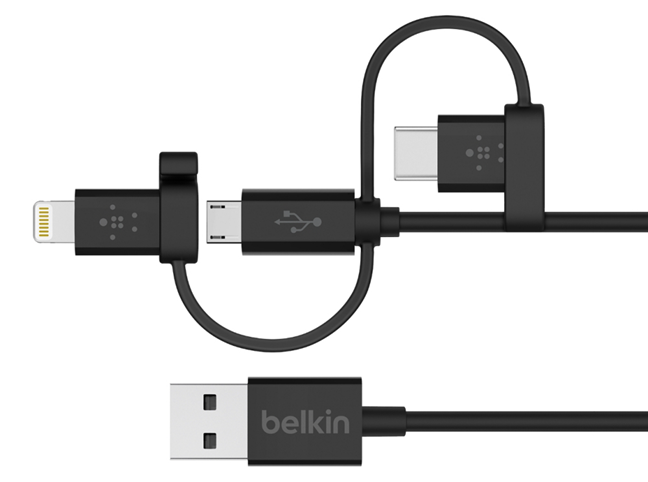 Cable universal con conectores Micro-USB, USB-C y Lightning de Belkin