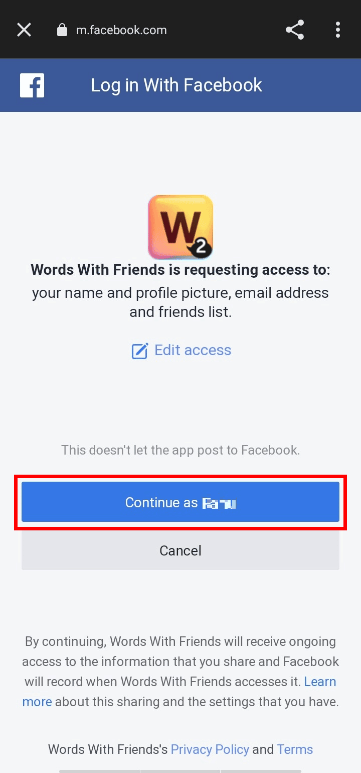 Toca Continuar como [username] conectarse con Facebook |  ¿Cómo puedes recuperar tus palabras con amigos 2 cuentas?