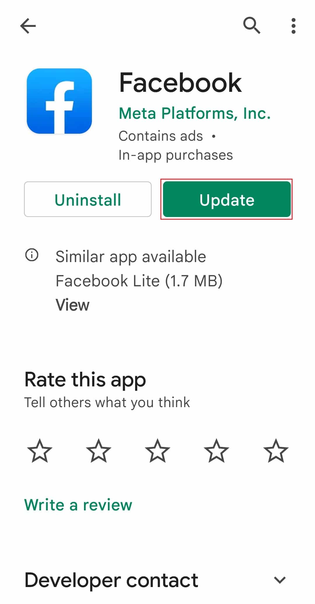toque la opción de actualización en Facebook Google Play Store Android. Cómo tomar un descanso de alguien en Facebook