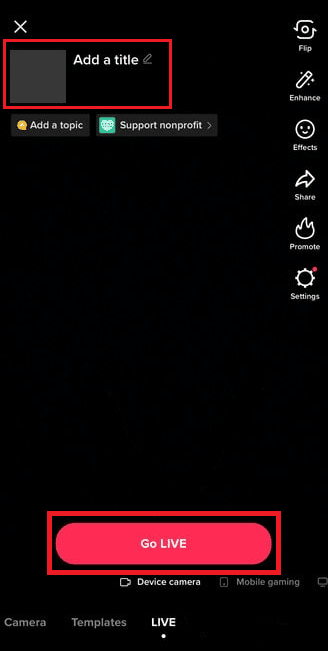 Agregue un título a su transmisión en vivo, seleccione una imagen y toque Go LIVE