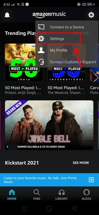 Abra la aplicación Amazon Music y haga clic en Configuración | Apagar automáticamente la música en Android