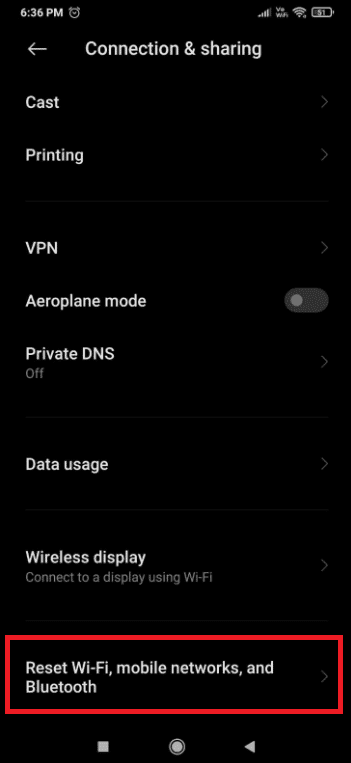 toque restablecer wifi, redes móviles y bluetooth