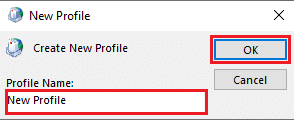 Asigne un nombre al perfil y haga clic en Aceptar.  Arreglar esto no es una perspectiva de nombre de archivo válida