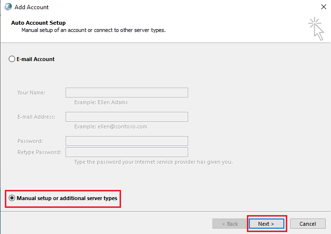 Seleccione Configuración manual o tipos de servidores adicionales y haga clic en Siguiente.  Arreglar Office 365 El nombre de archivo no es válido al guardar el error
