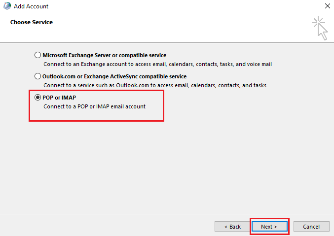 Seleccione POP o IMAP y haga clic en Siguiente.  Arreglar Office 365 El nombre de archivo no es válido al guardar el error