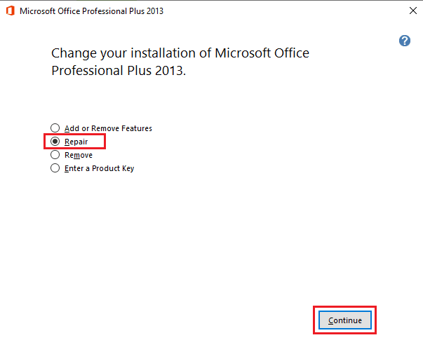 En la ventana de Microsoft Office, seleccione Reparar y haga clic en Continuar.  Arreglar Office 365 El nombre de archivo no es válido al guardar el error