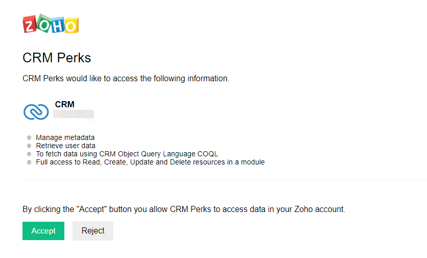 Pantalla de Zoho solicitando acceso a sus datos de usuario de WordPress