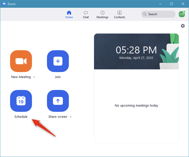 El botón Programar de la aplicación Zoom
