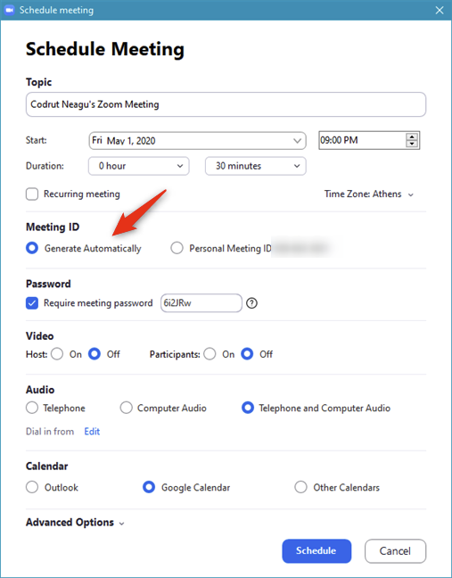 Elegir generar automáticamente una ID de reunión