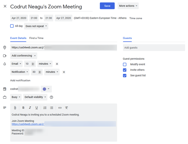 Agregar la reunión de Zoom programada en Google Calendar