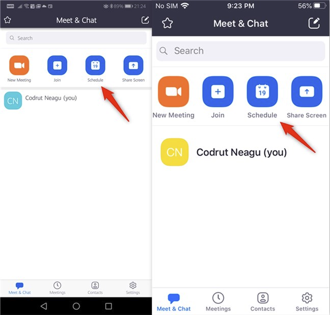 El botón Programar de las aplicaciones Zoom de Android e iOS