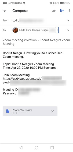 Envío de invitaciones a la reunión de Zoom programada desde Android