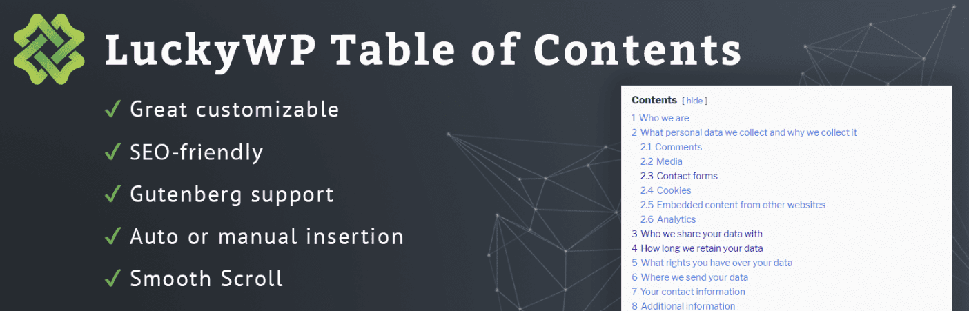 Complemento LuckyWP Tabla de contenido. 