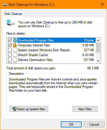 Liberador de espacio en disco, cleanmgr.exe, Windows