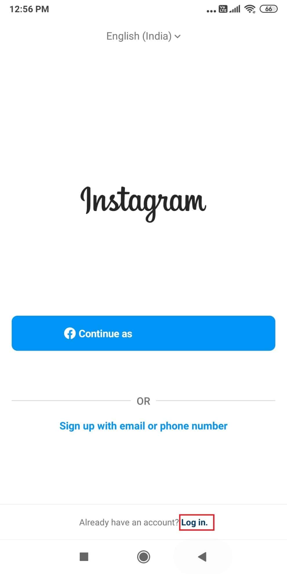 Abra la aplicación de Instagram en su dispositivo y toque Iniciar sesión |  borrar caché borrar imágenes en Instagram