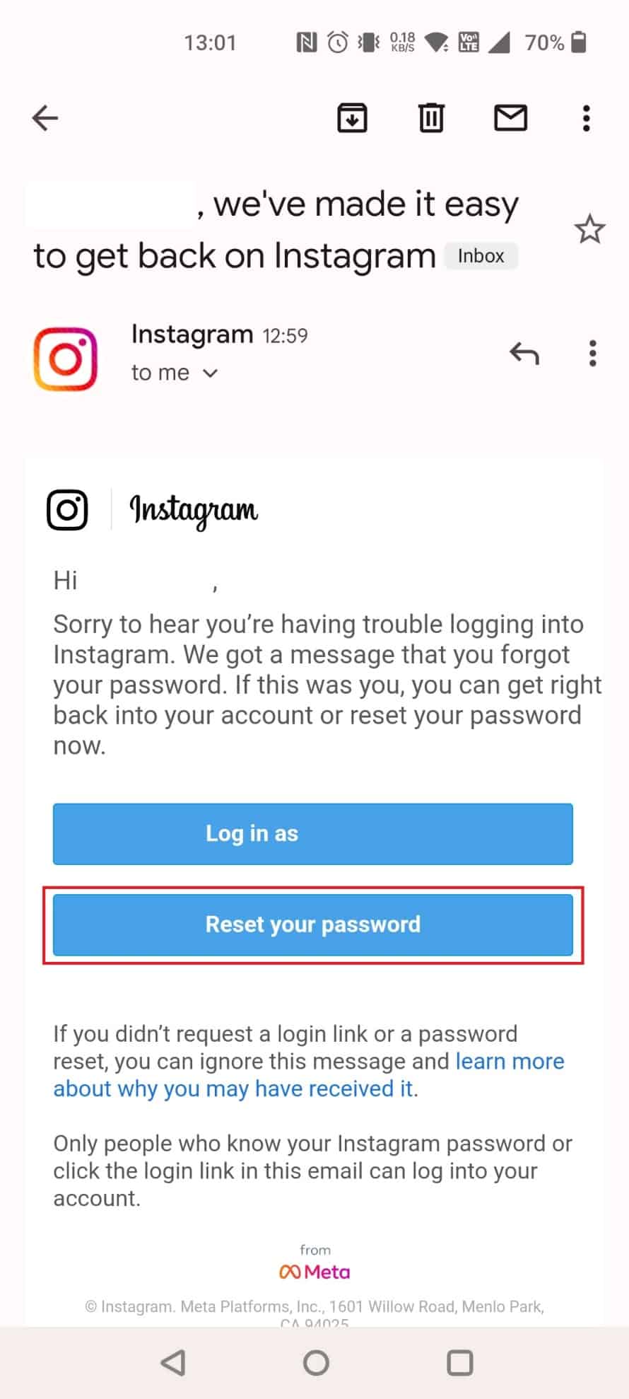 Abra el correo enviado desde Instagram y toque Restablecer su contraseña |  borrar caché borrar imágenes en Instagram