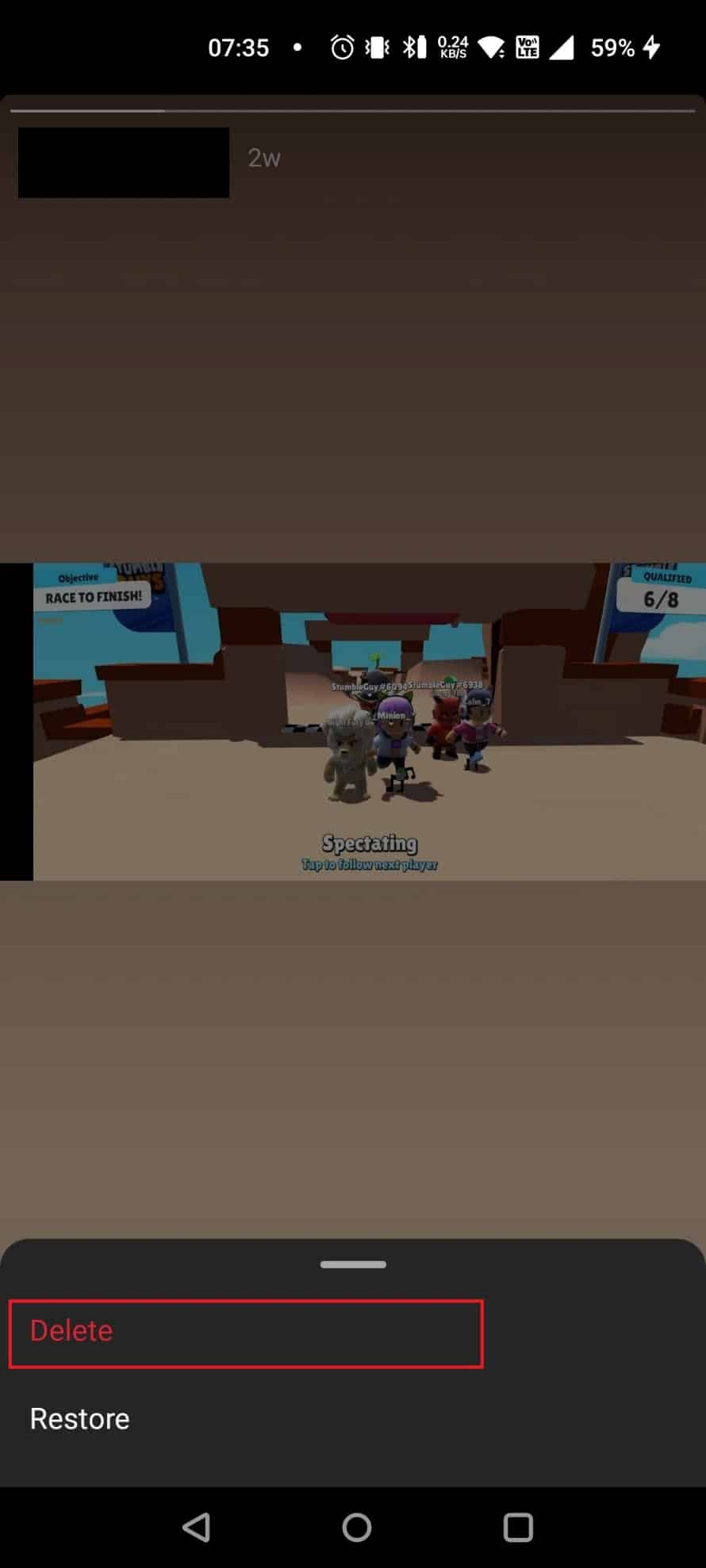 Toque Eliminar |  borrar caché borrar imágenes en Instagram