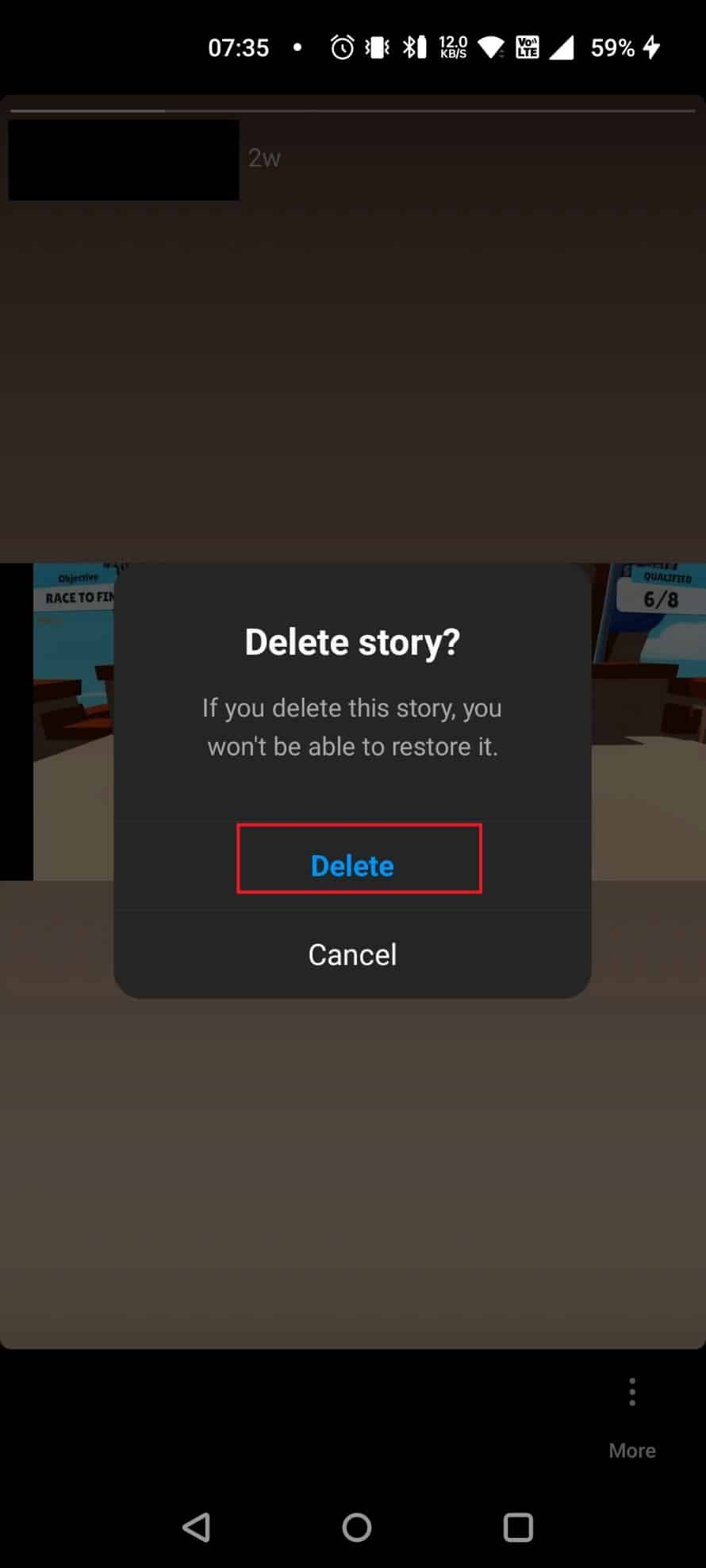 Toque Eliminar en la ventana emergente |  Cómo resetear tu cuenta de instagram |  borrar caché borrar imágenes en Instagram