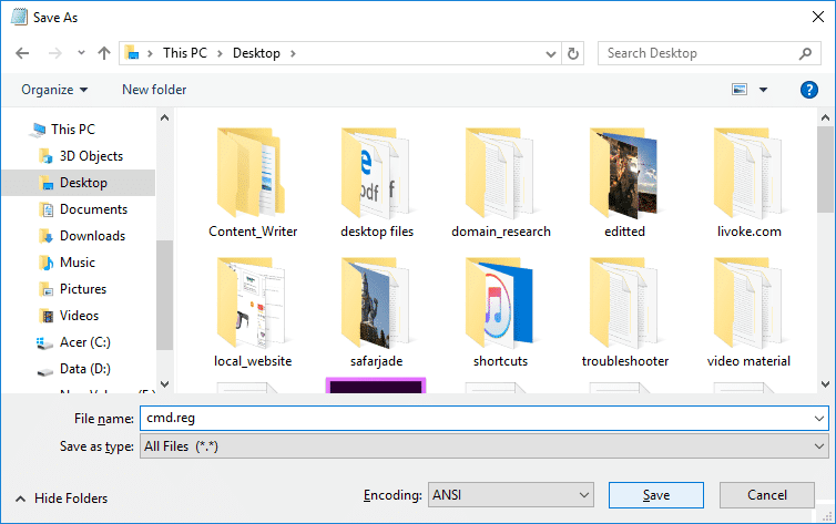 Ingrese el nombre del archivo como cmd.reg y luego haga clic en Guardar