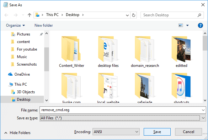 Ingrese el nombre del archivo como remove_cmd.reg, luego haga clic en Guardar