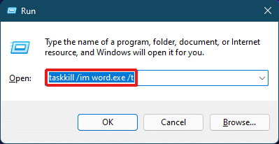 Escriba taskkill /im word.exe /t y presione la tecla Intro en el teclado para ejecutar el comando. | Cómo forzar el cierre de un programa en Windows 11