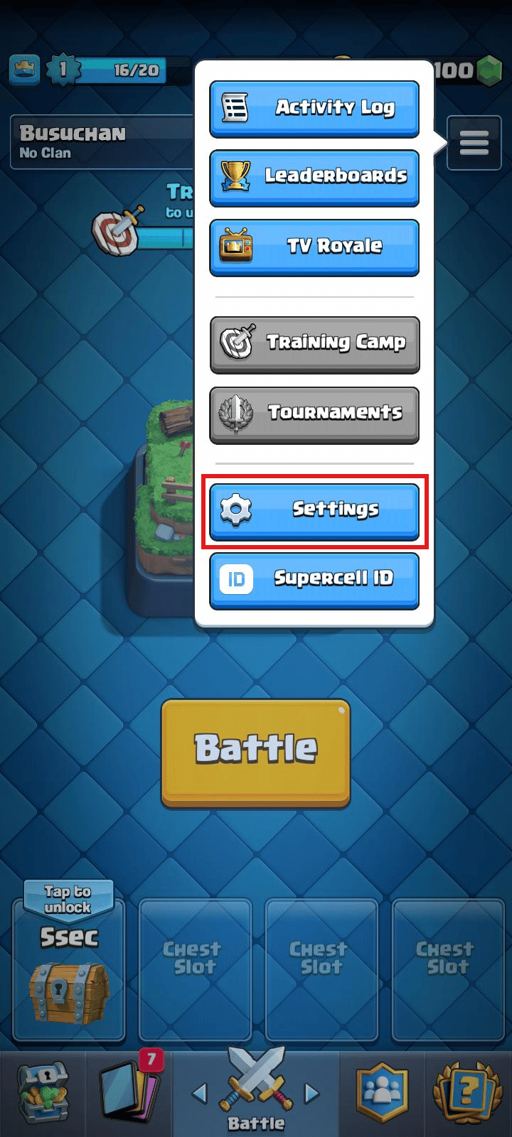 Desde las opciones, toque Configuración.  |  eliminar Supercell ID de Clash Royale