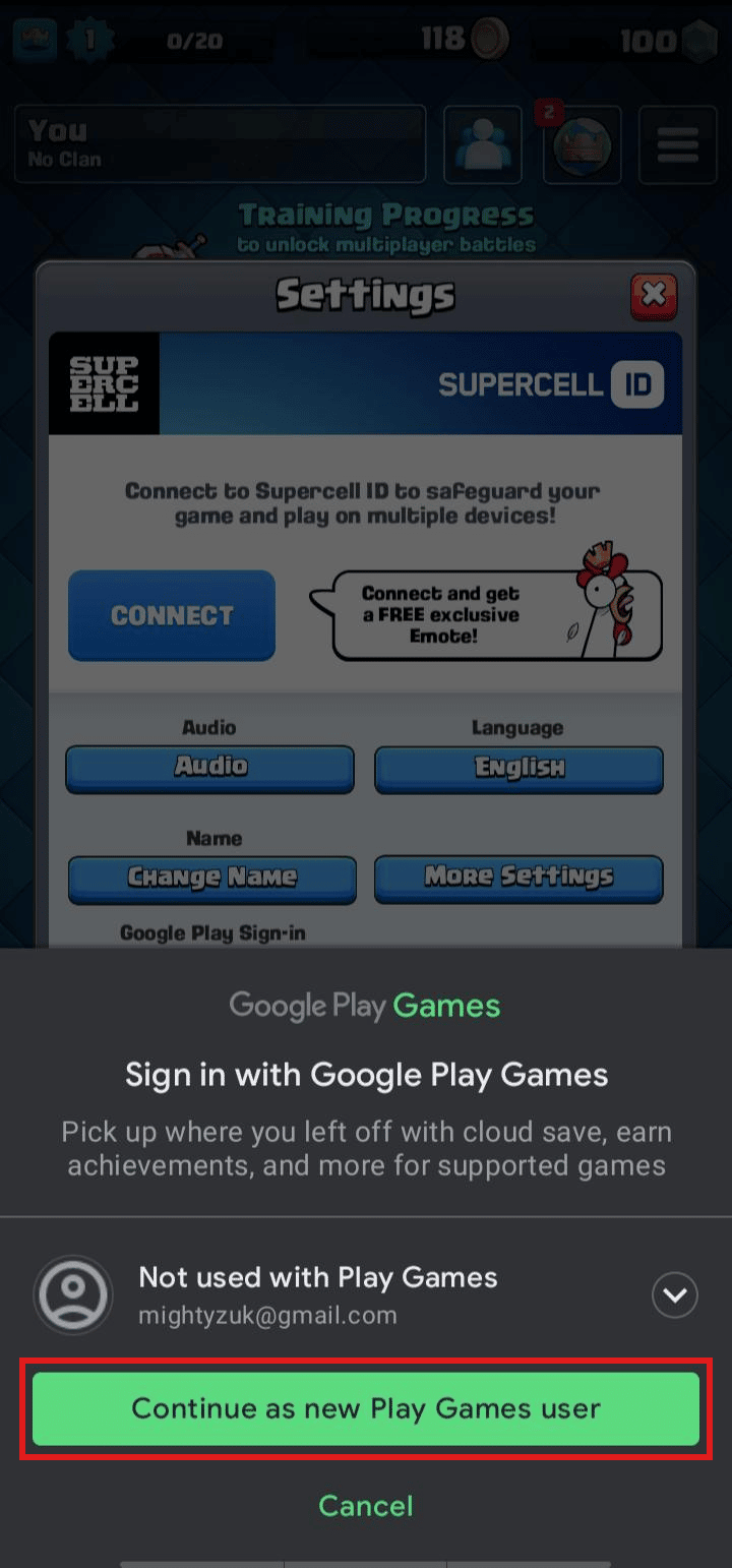 Toca Continuar como nuevo usuario de Play Juegos |  Como borrar una cuenta de clash royale