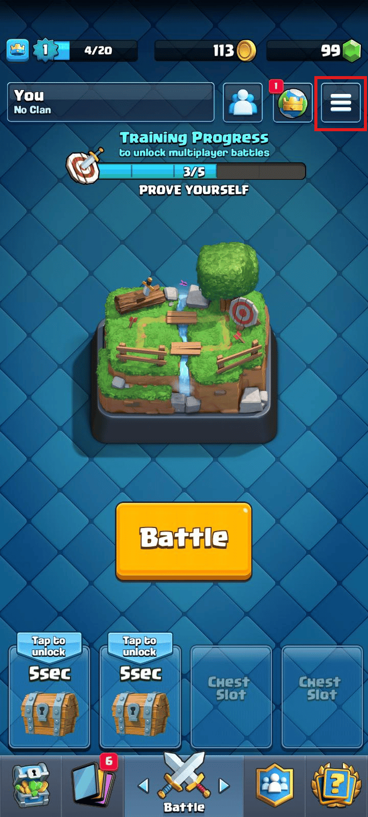 Toque el icono del menú de hamburguesas en la parte superior derecha de la pantalla.  |  eliminar Supercell ID de Clash Royale