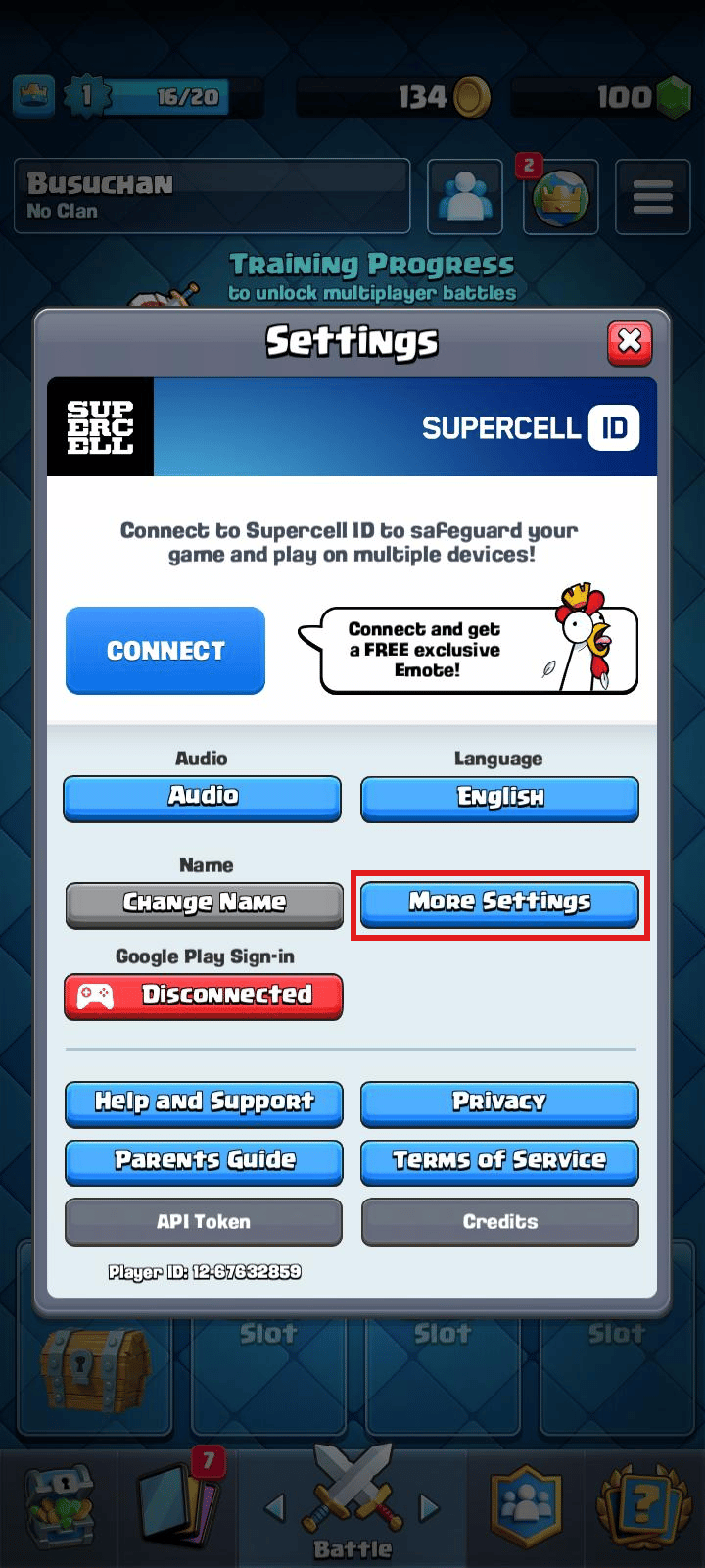 Toque Más configuraciones |  Como borrar una cuenta de clash royale