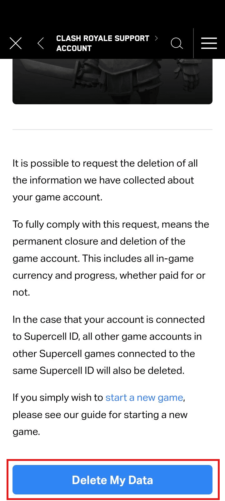 Haga clic en Eliminar mis datos |  Como borrar una cuenta de clash royale