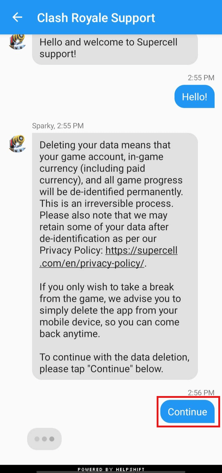 Haga clic en Continuar.  |  eliminar Supercell ID de Clash Royale