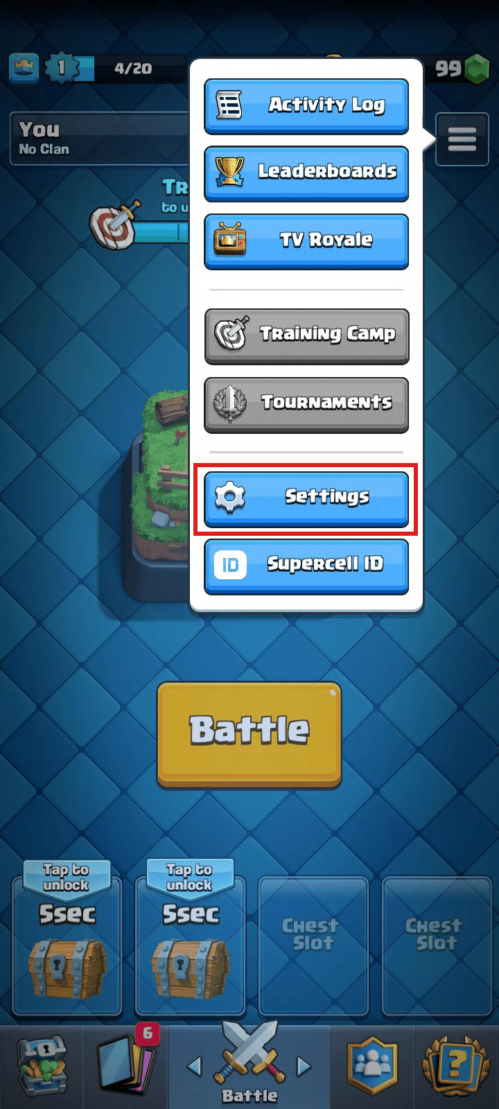 Toque en Configuración |  Como borrar una cuenta de clash royale