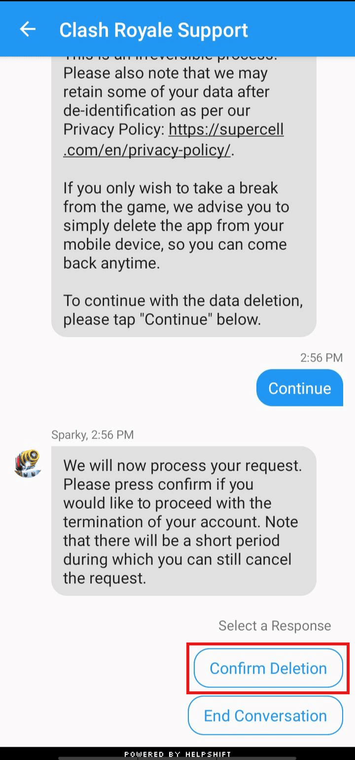 Haga clic en Confirmar eliminación para confirmar el proceso de eliminación.  |  eliminar Supercell ID de Clash Royale